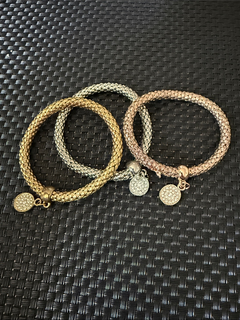 Triple-Color Sparkle Charm Bangle Set - Gold, Silver & Rose Gold